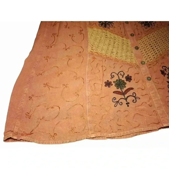 Vintage Boho Terracotta Maxi Dress with Crochet Accents and Floral Embroidered L - Picture 9 of 13